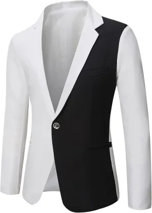 2024 Trendy Blazer for Men Red Black Color Block Casual One Button Suit Jackets Slim Fit Blazer