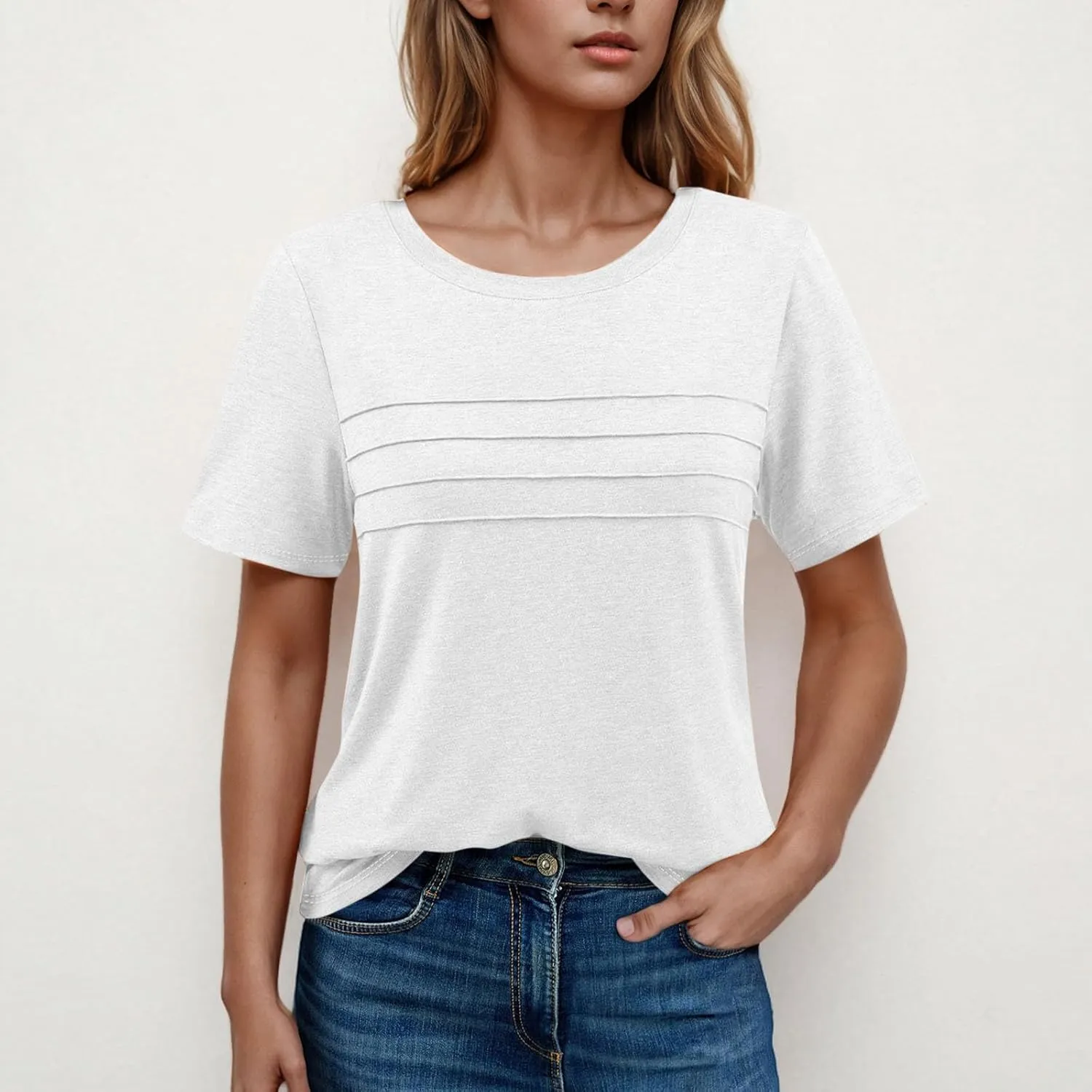 2025 Summer Classic Pleated T Shirts Women Casual Short Sleeve Crewneck Tunic Tops Derssy Loose Fit Office Work Blouses
