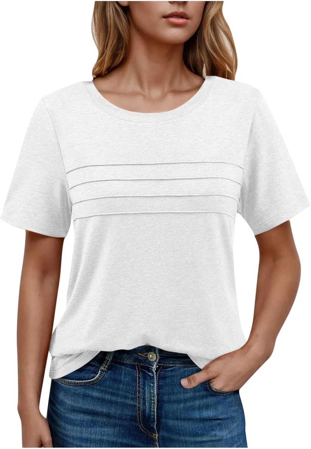 2025 Summer Classic Pleated T Shirts Women Casual Short Sleeve Crewneck Tunic Tops Derssy Loose Fit Office Work Blouses