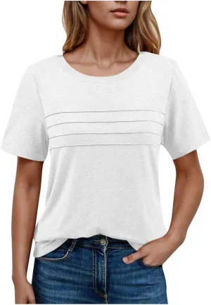 2025 Summer Classic Pleated T Shirts Women Casual Short Sleeve Crewneck Tunic Tops Derssy Loose Fit Office Work Blouses