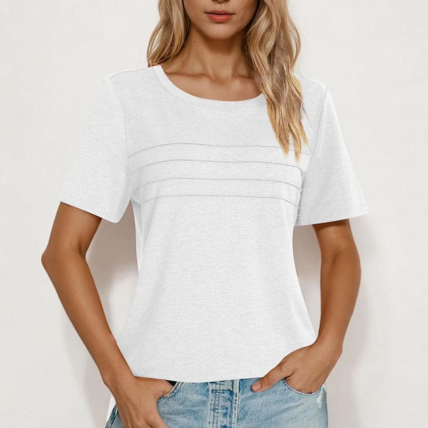 2025 Summer Classic Pleated T Shirts Women Casual Short Sleeve Crewneck Tunic Tops Derssy Loose Fit Office Work Blouses