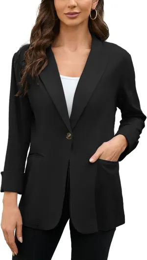 2025 Women's One Button Linen Blazers 3/4 Sleeve Casual Suit Jackets