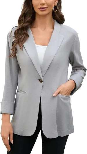 2025 Women's One Button Linen Blazers 3/4 Sleeve Casual Suit Jackets