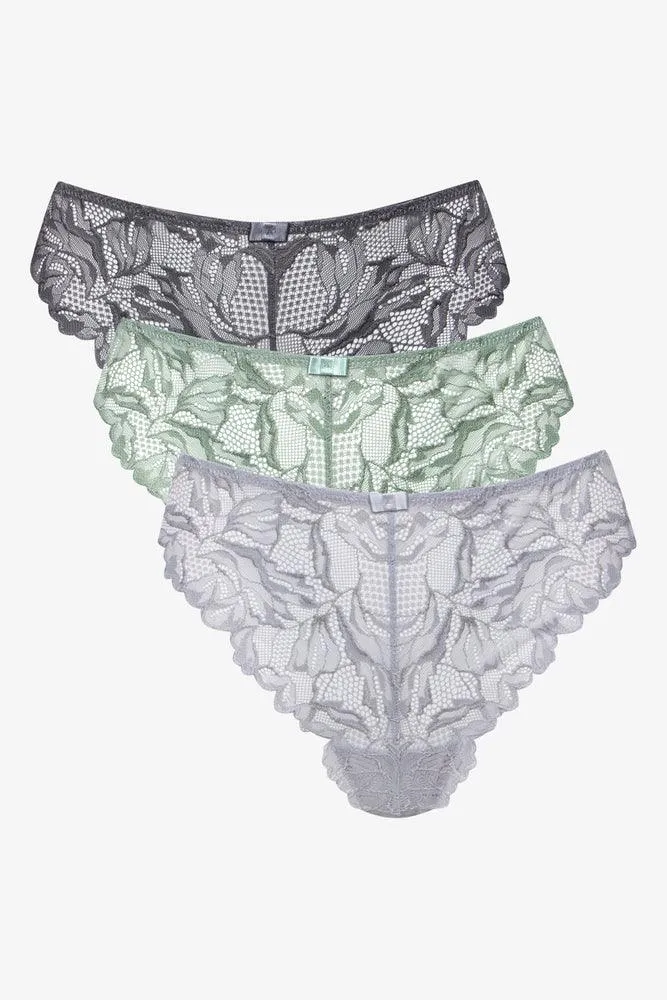 3 Pack lace thongs grey & green