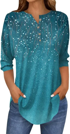 3/4 Length Sleeve Henley Shirts For Women Henley Spring Button Down Tops Baggy V Neck Blouses