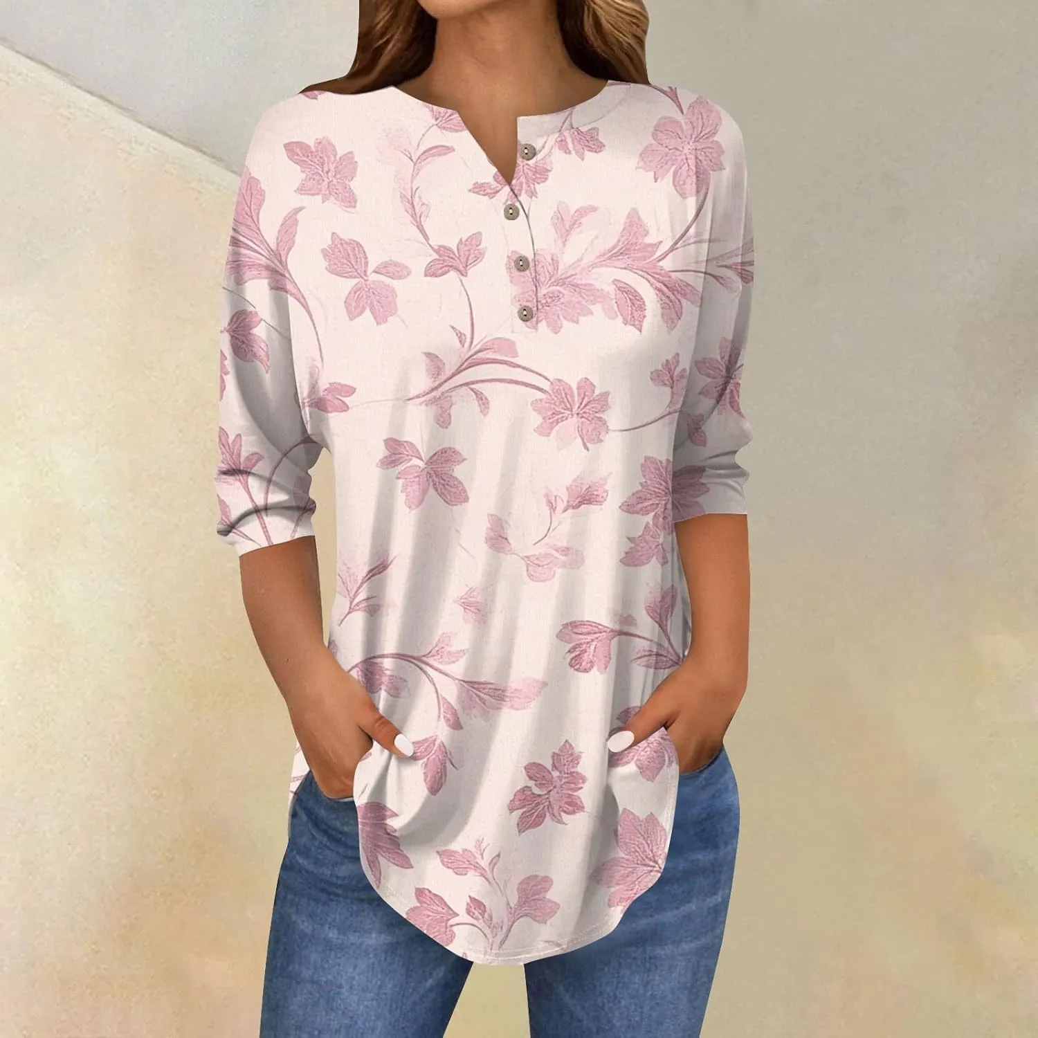 3/4 Length Sleeve Henley Shirts For Women Henley Spring Button Down Tops Baggy V Neck Blouses