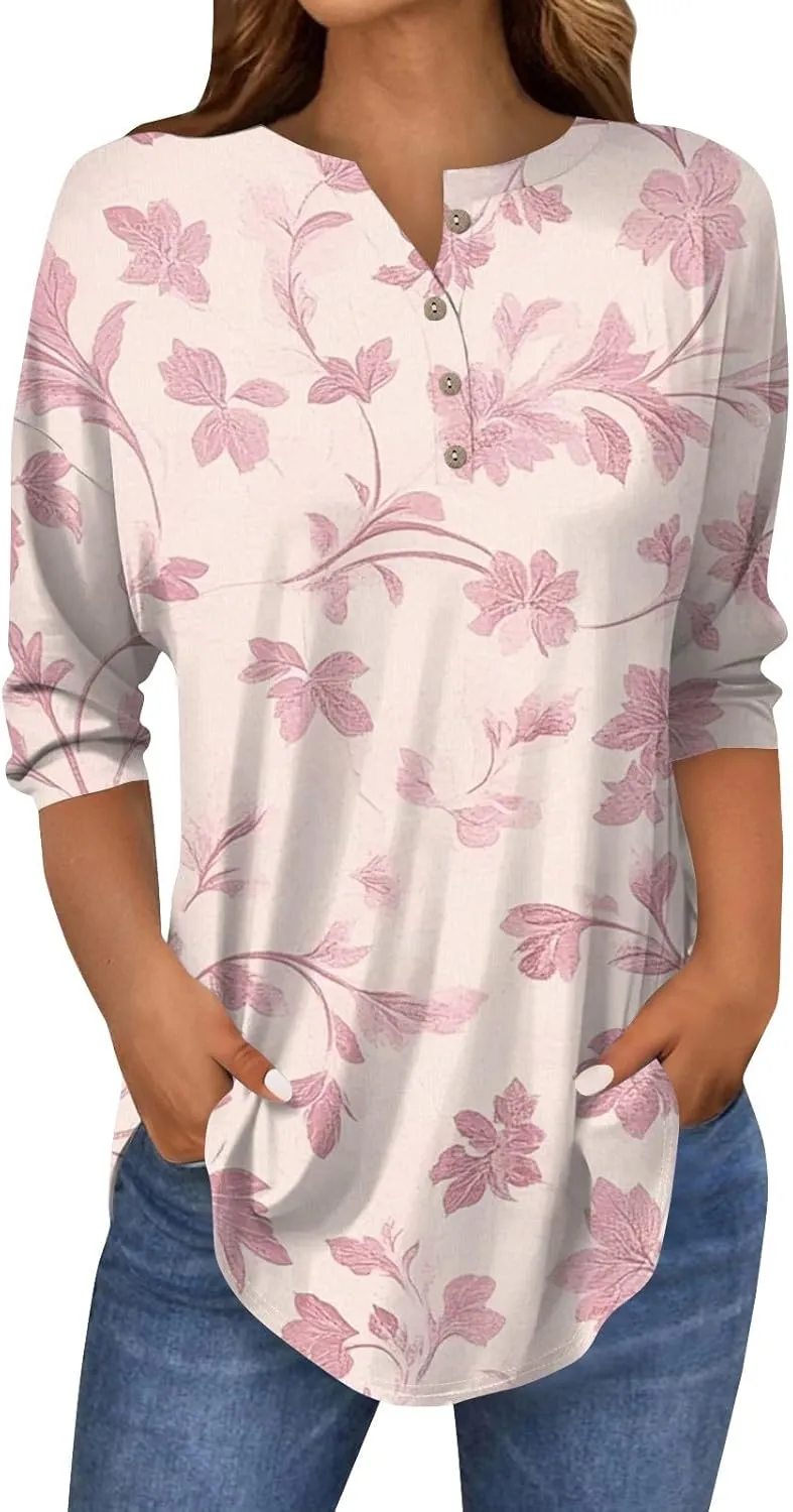 3/4 Length Sleeve Henley Shirts For Women Henley Spring Button Down Tops Baggy V Neck Blouses