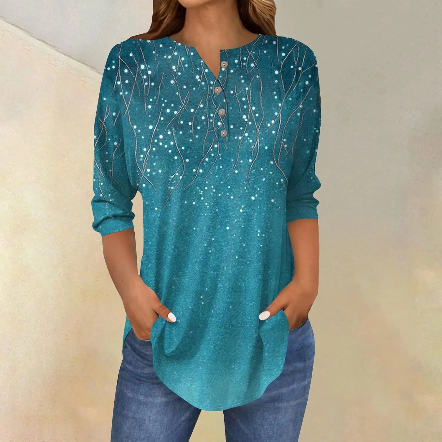 3/4 Length Sleeve Henley Shirts For Women Henley Spring Button Down Tops Baggy V Neck Blouses