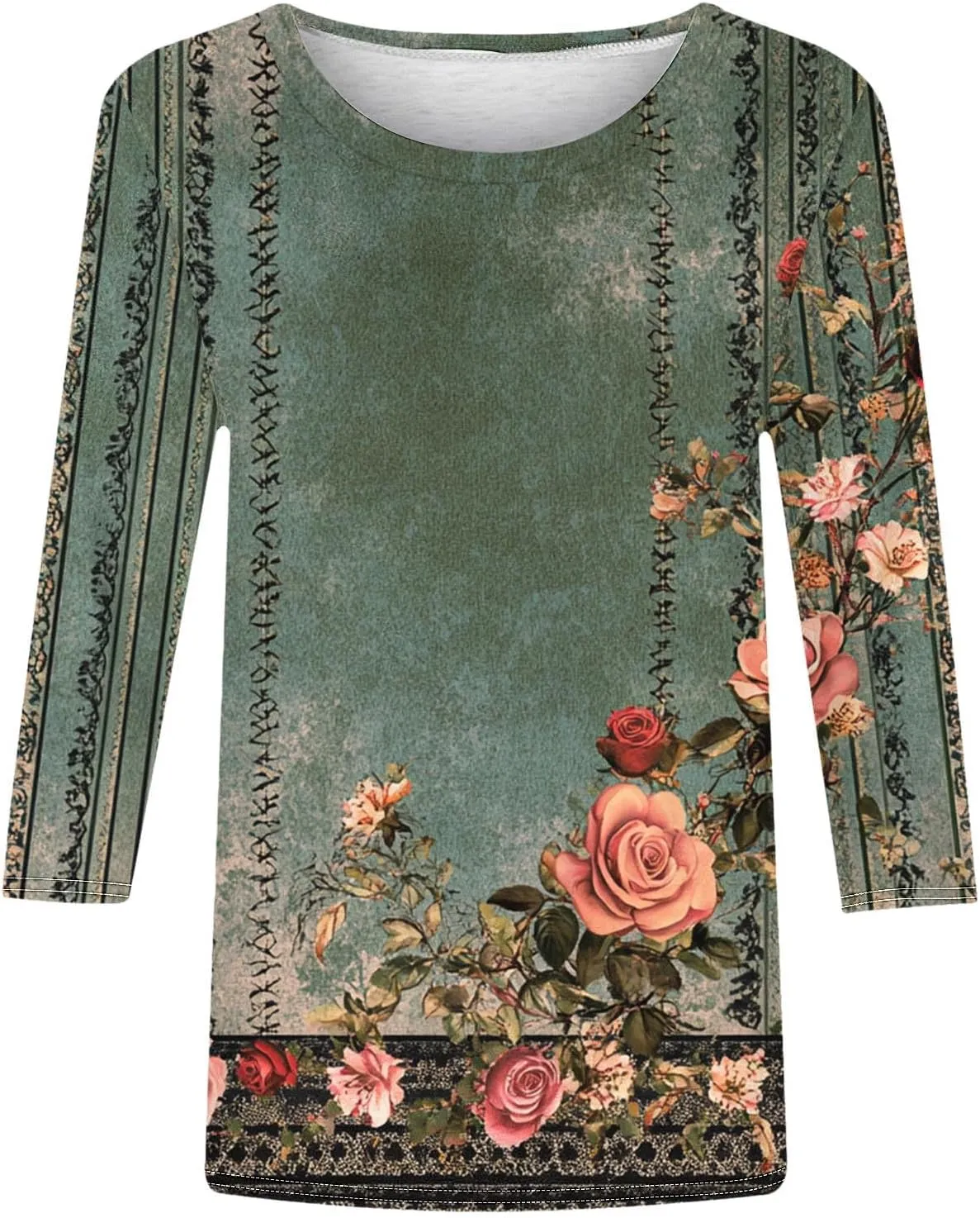 3/4 Length Sleeve Womens Floral T Shirts Summer Crewneck Boho Tops Cute Dressy Tunic Loose Three Quarter Sleeves Tees