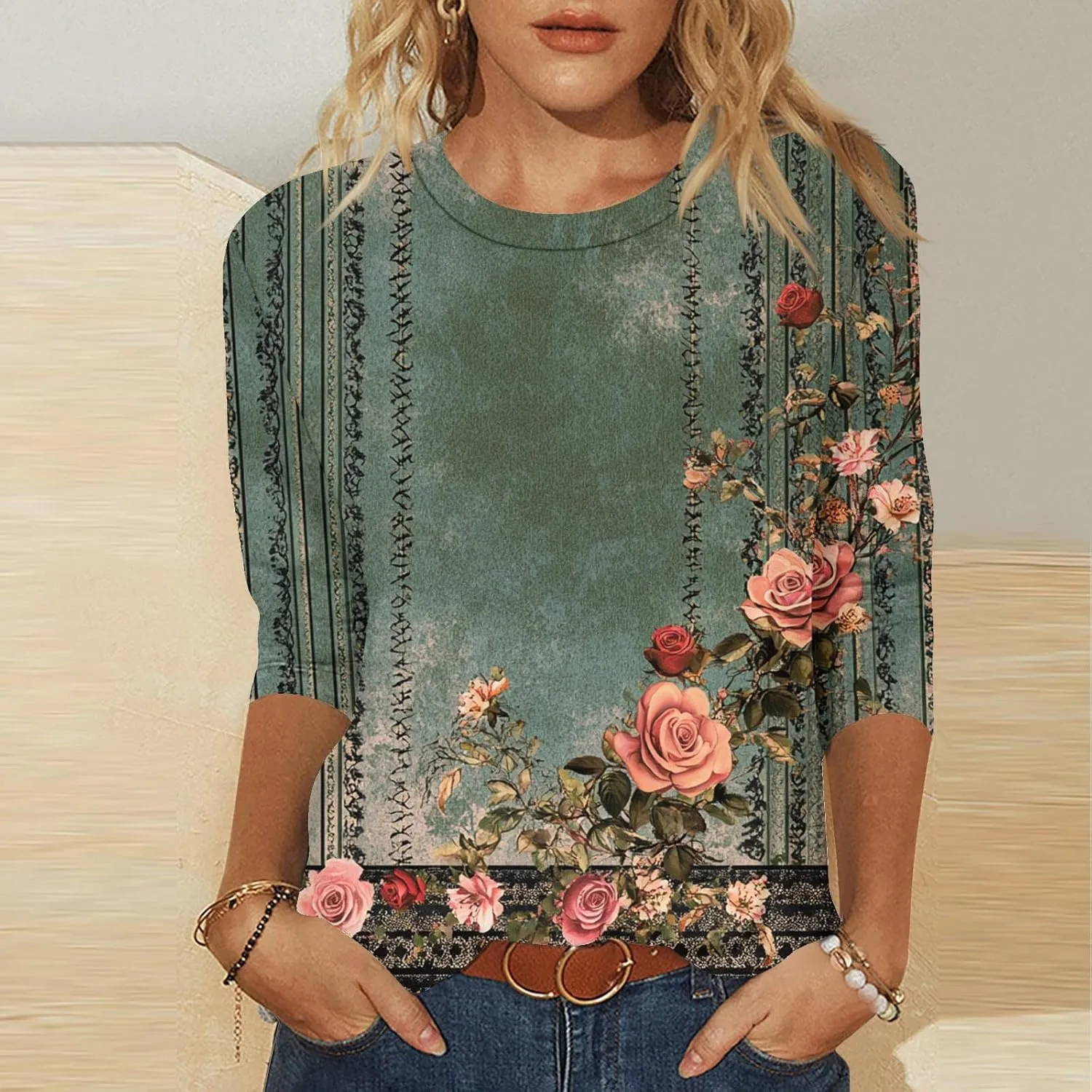 3/4 Length Sleeve Womens Floral T Shirts Summer Crewneck Boho Tops Cute Dressy Tunic Loose Three Quarter Sleeves Tees