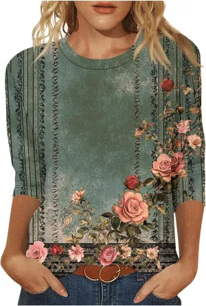 3/4 Length Sleeve Womens Floral T Shirts Summer Crewneck Boho Tops Cute Dressy Tunic Loose Three Quarter Sleeves Tees