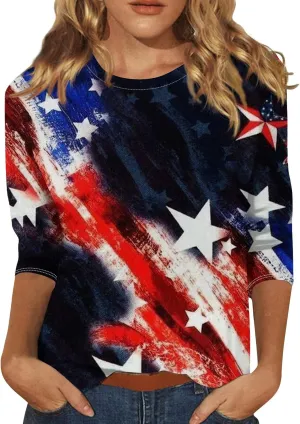 3/4 Length Sleeve Womens Tops 2024 Floral Print Vintage Casual Loose with Round Neck Plus Size Shirts
