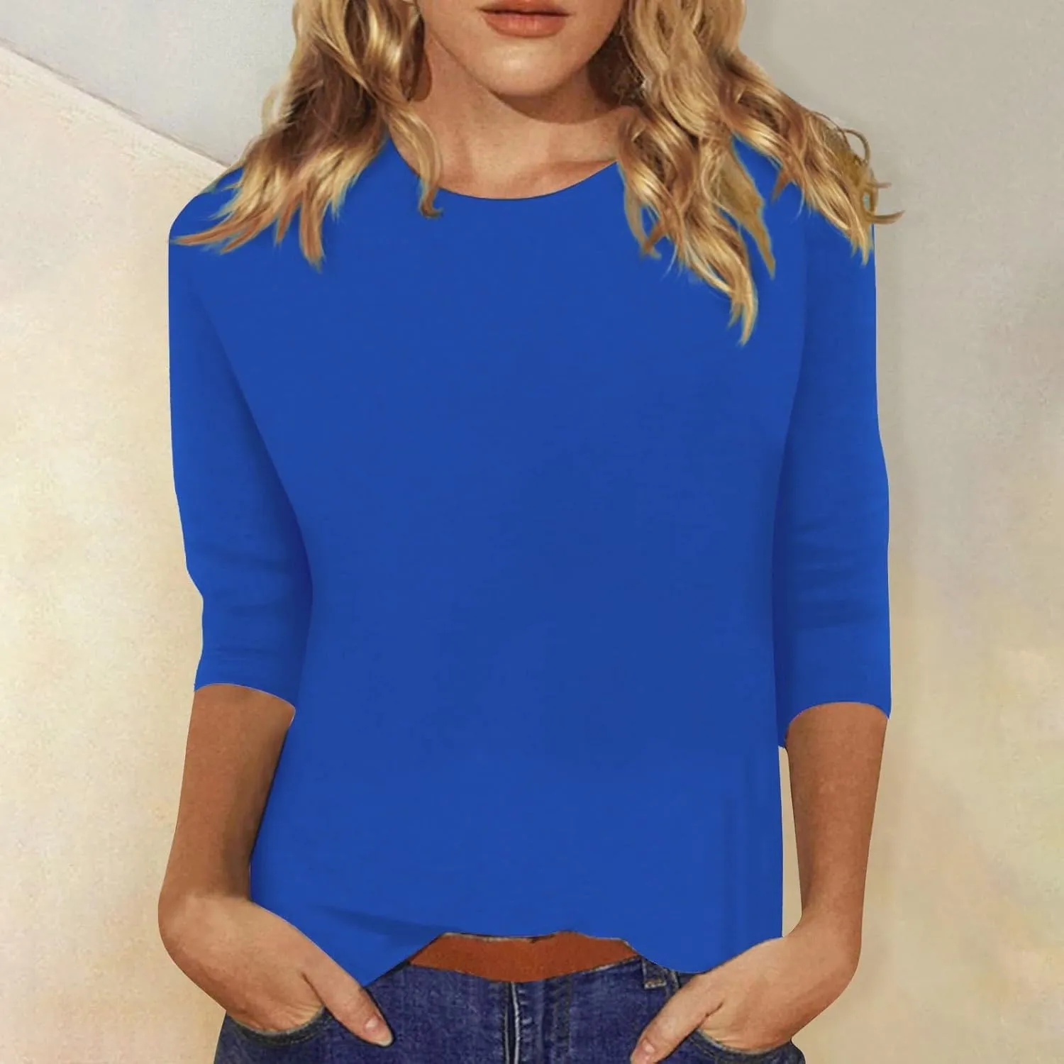 3/4 Length Sleeve Womens Tops Casual Loose Fit Crewneck T Shirts Cute Solid Three Quarter Length Tunic Tops