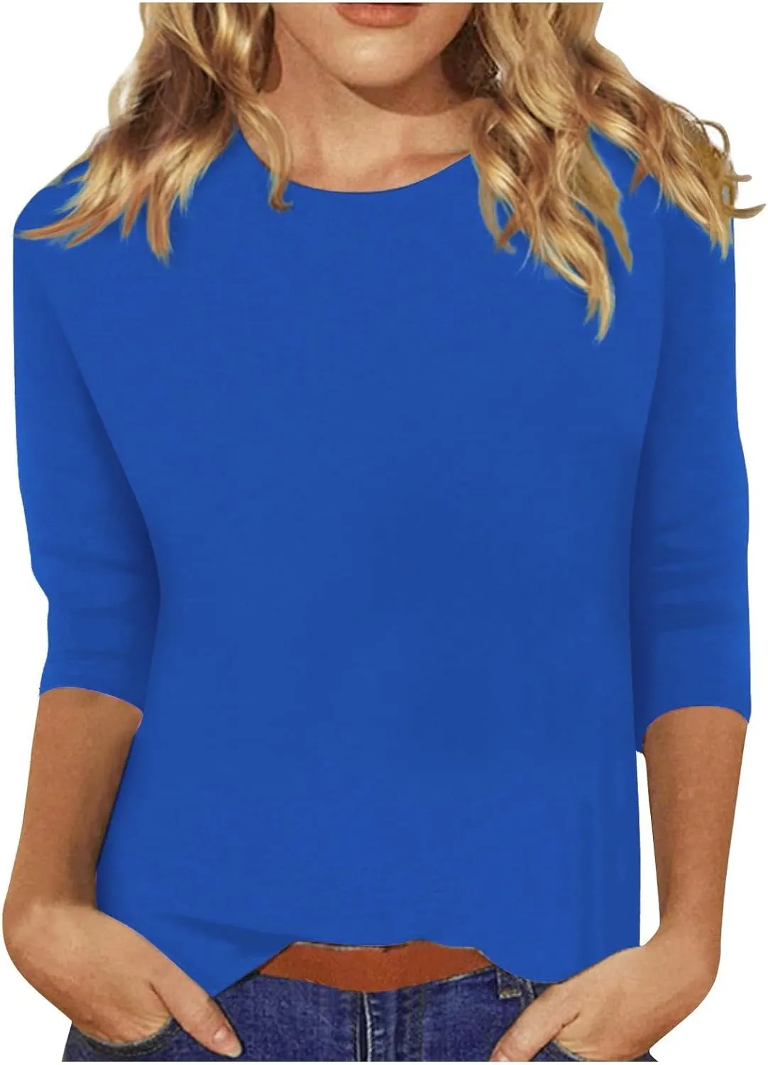 3/4 Length Sleeve Womens Tops Casual Loose Fit Crewneck T Shirts Cute Solid Three Quarter Length Tunic Tops