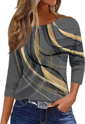 3/4 Length Sleeve Womens Tops Fashion Floral Print Vintage Tshirts 2025 Summer Casual Loose Crew Neck Blouses
