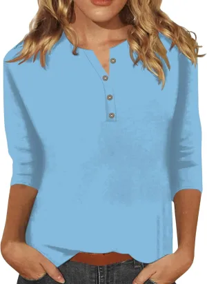 3/4 Length Sleeve Womens Tops Plus Size Button Up Summer Blouse Henley V Neck T Shirts Casual Dressy Tees