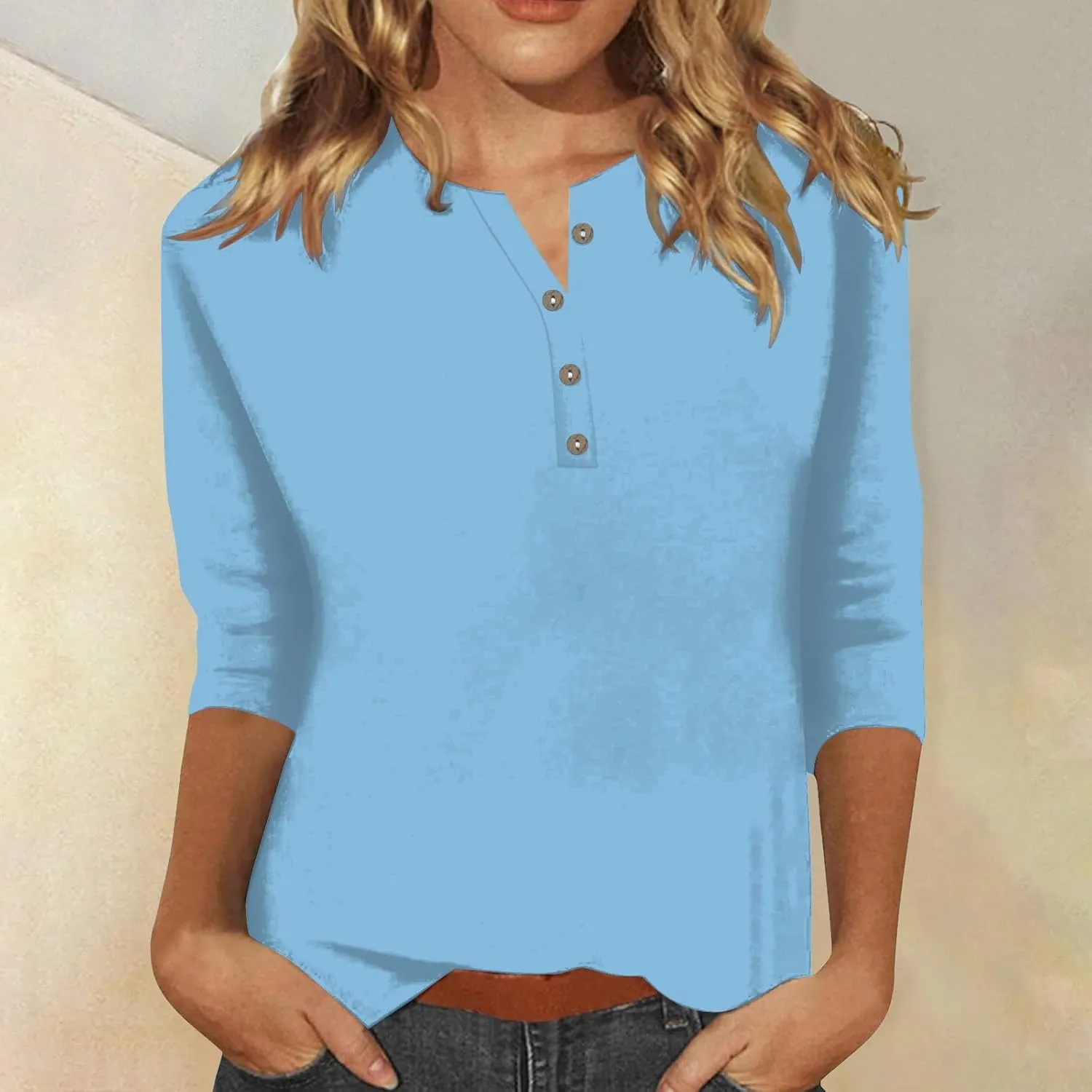 3/4 Length Sleeve Womens Tops Plus Size Button Up Summer Blouse Henley V Neck T Shirts Casual Dressy Tees