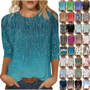 3/4 Length Sleeve Womens Tops Plus Size Print Graphic Tee Shirts Causal Dressy Crewneck Shirts Loose Fit Blouse Tees