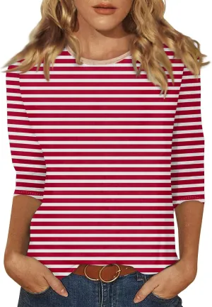3/4 Length Sleeve Womens Tops Plus Size,Basic Elbow Sleeve Workout Top Striped Shirt Crew Neck 3 Quarter Sleeve Tees