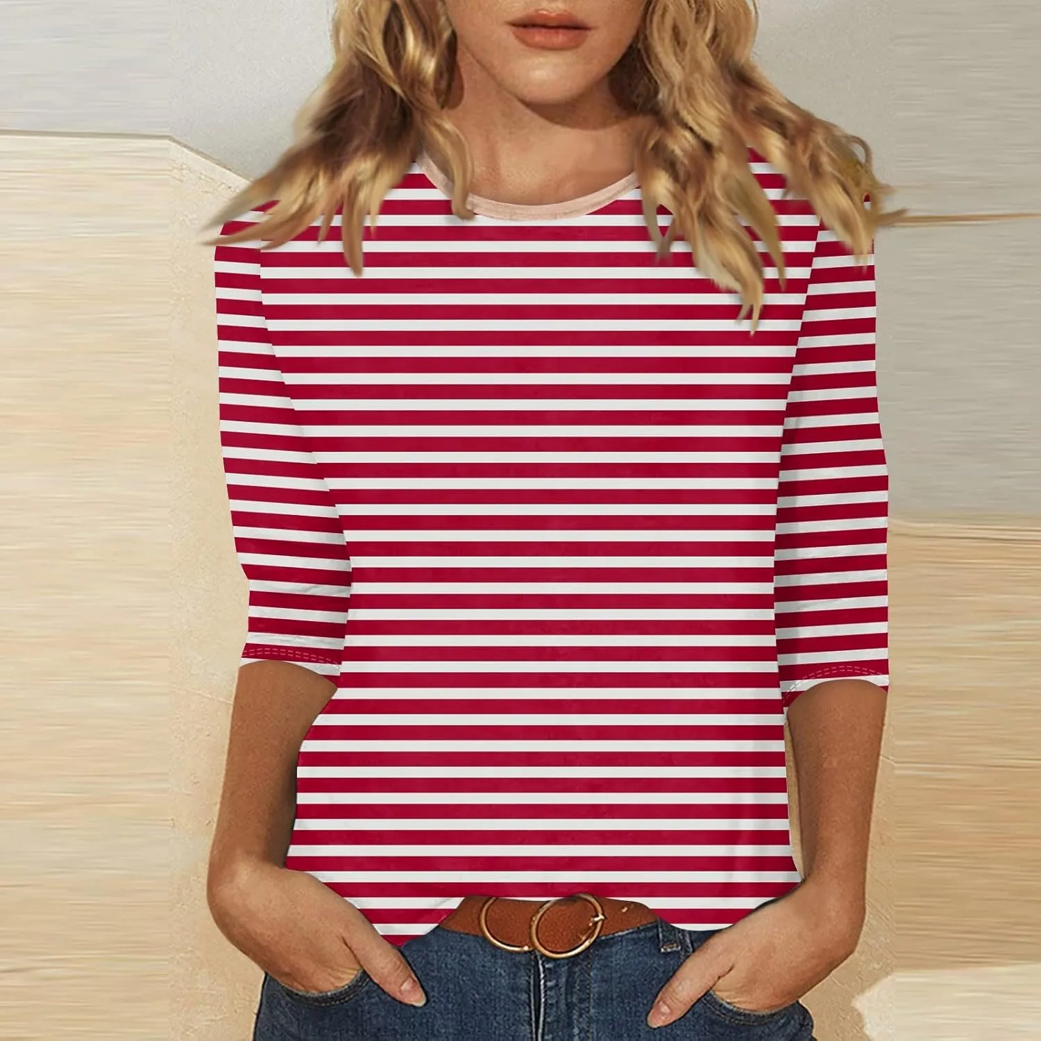 3/4 Length Sleeve Womens Tops Plus Size,Basic Elbow Sleeve Workout Top Striped Shirt Crew Neck 3 Quarter Sleeve Tees