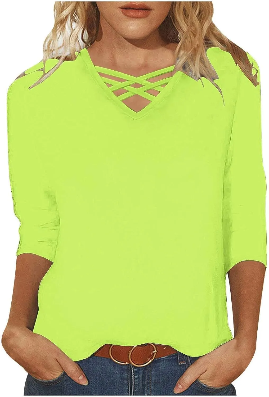 3/4 Length Sleeve Womens Tops V Neck Strappy Criss Cross Shirts Solid Color Sexy T-Shirt Casual Loose Fit Blouses