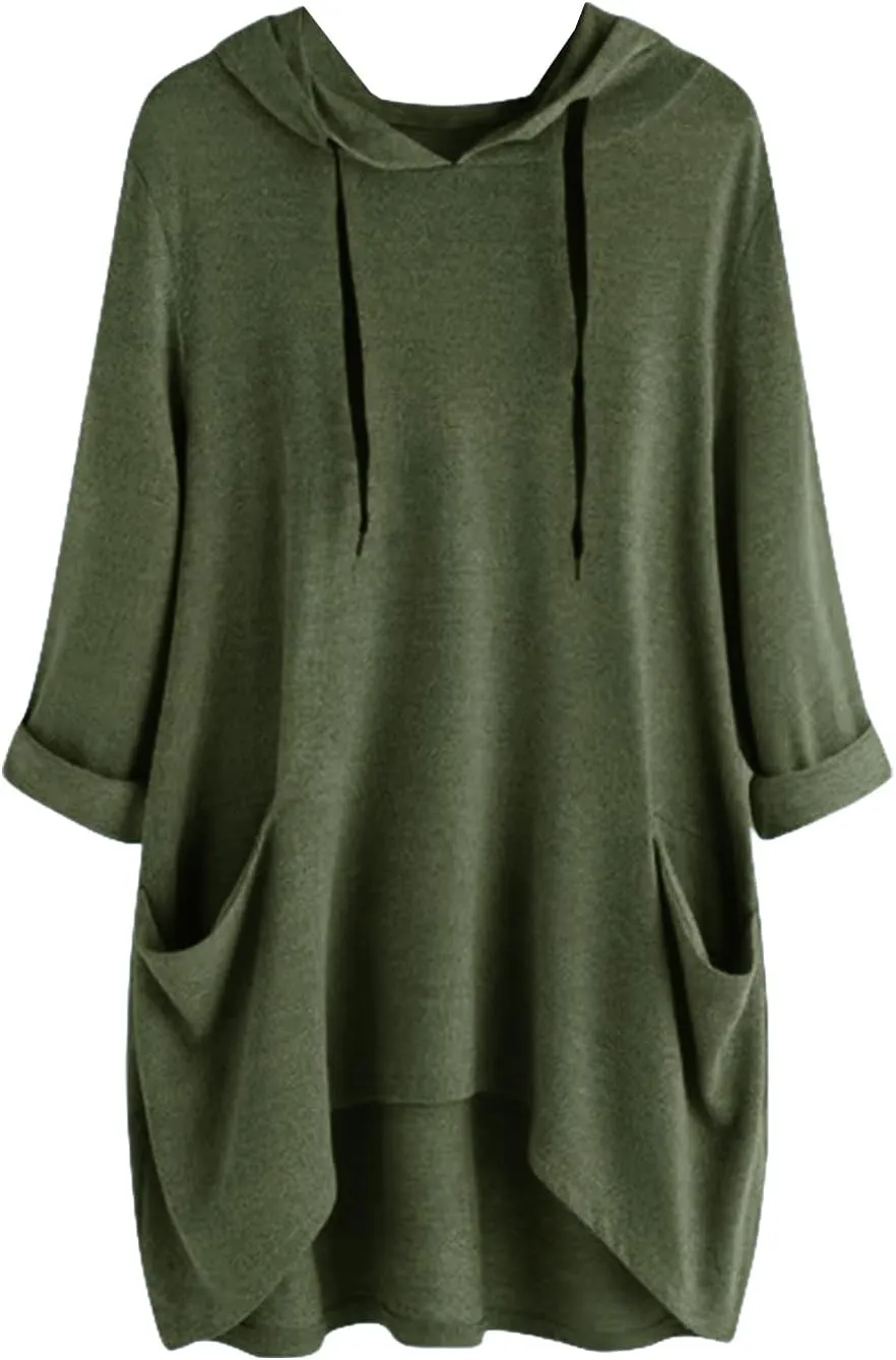 3/4 Sleeve Hoodies for Women 2024 Fall Oversized Tshirt Dress Lightweight Hooded Pullover Tops with Pockets