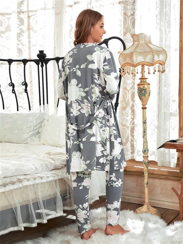 3pcs Floral Print Belted Pants Robe Set