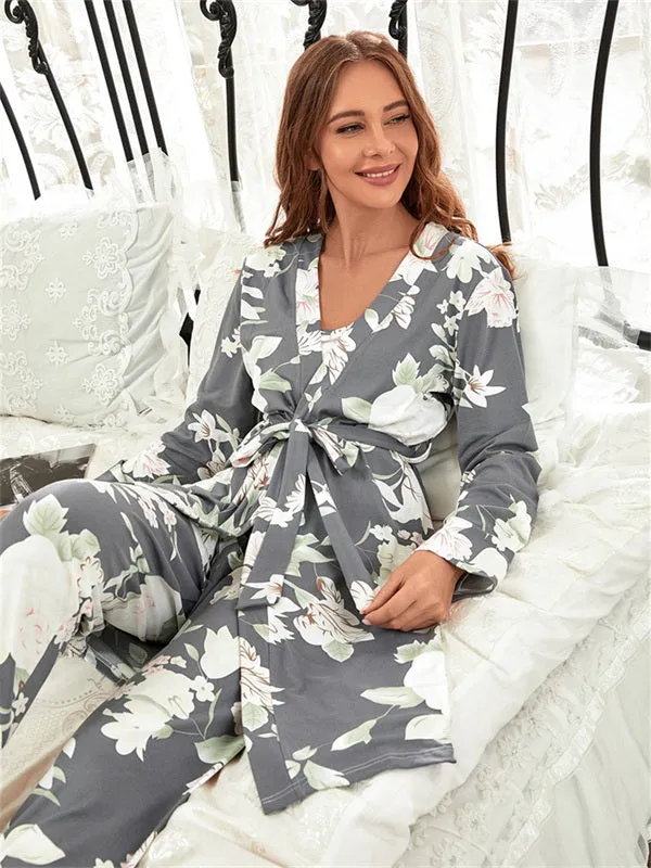 3pcs Floral Print Belted Pants Robe Set