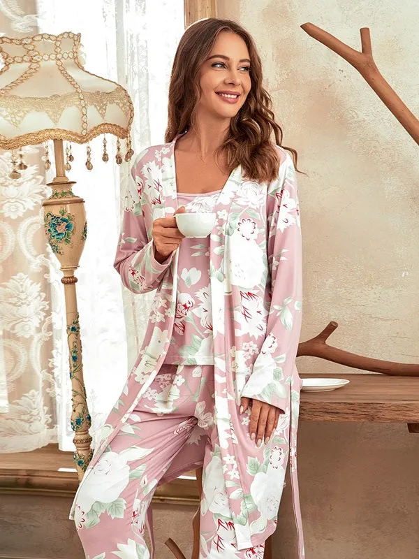 3pcs Floral Print Belted Pants Robe Set