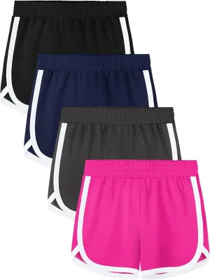4 Packs Girls Athletic Shorts Toddler Soccer Running Active Dolphin Dry-Fit Kids Gym Workout Performance Shorts