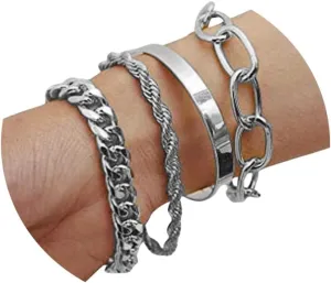 4Pcs Gold Bracelets Bangles for Women,Gold Plated Bracelets Bangle Wrap Cuff for Women Trendy Stackable Bracelets,Layered Chain Bracelets Pack Gifts