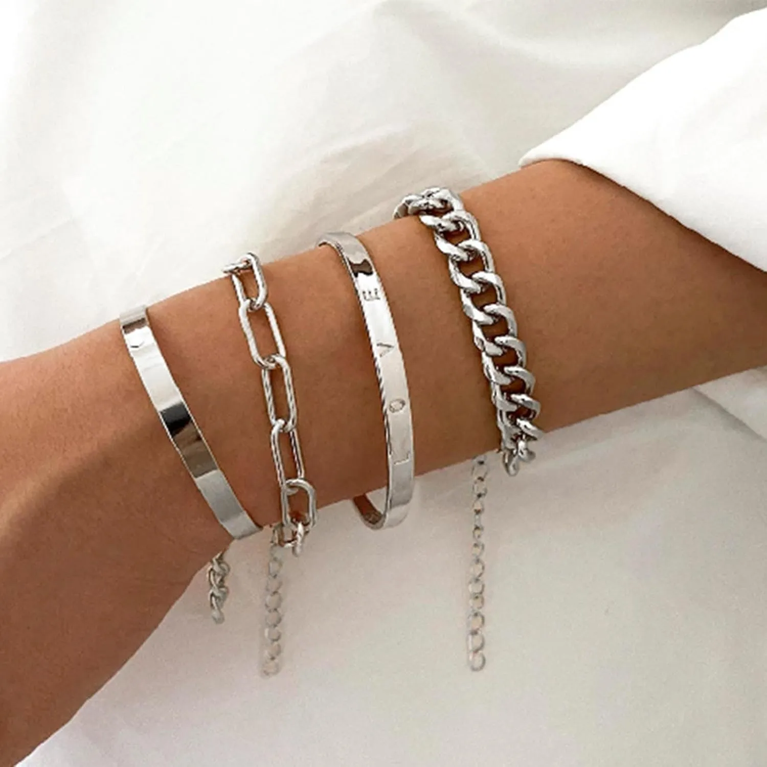 4Pcs Gold Bracelets Bangles for Women,Gold Plated Bracelets Bangle Wrap Cuff for Women Trendy Stackable Bracelets,Layered Chain Bracelets Pack Gifts