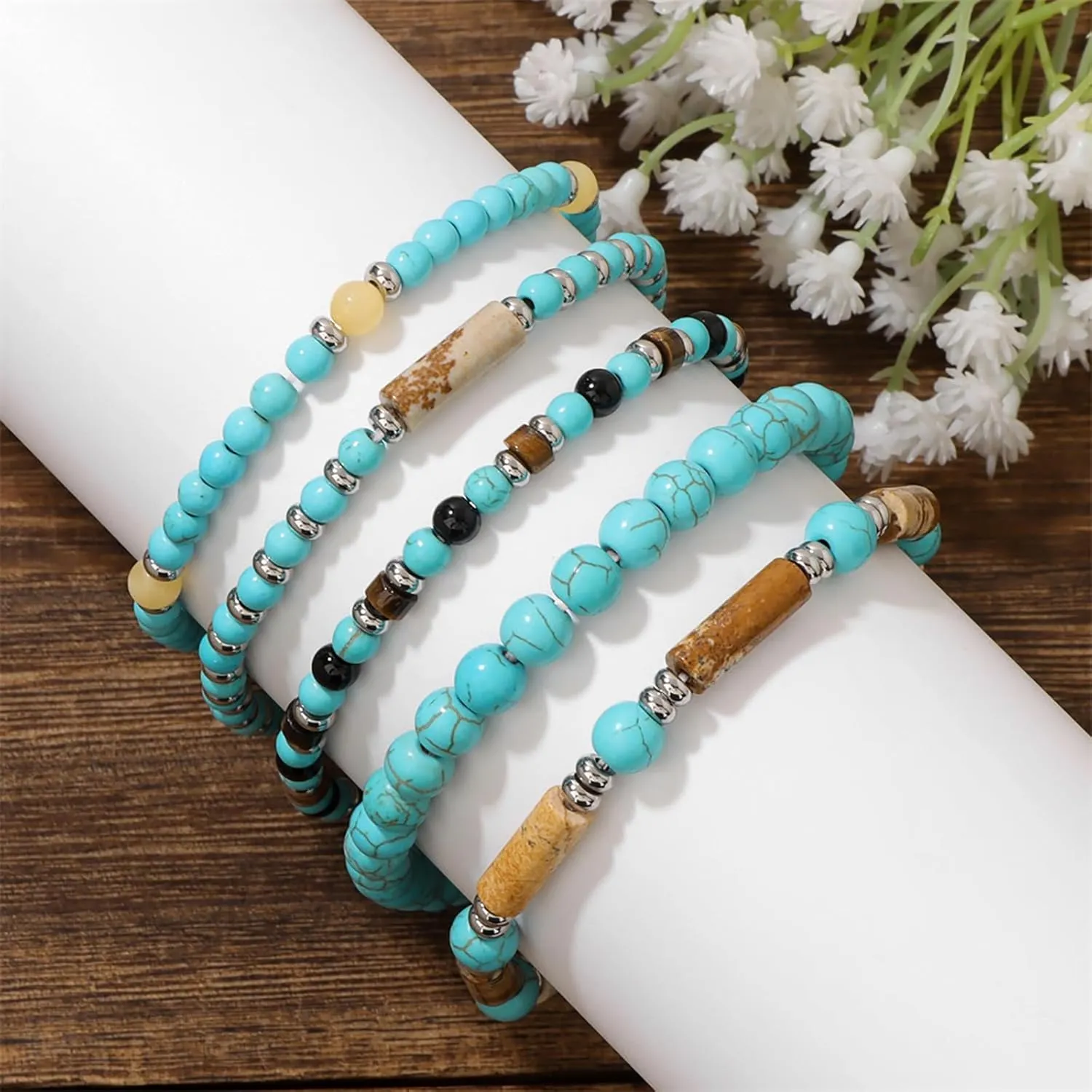 5Pcs Turquoise Bracelet for Women 4mm Stackable Turquoise Beaded Bracelets Crystal Bracelets Set Small Beaded Bracelets Stone Bracelets Turquoise Jewelry for Women