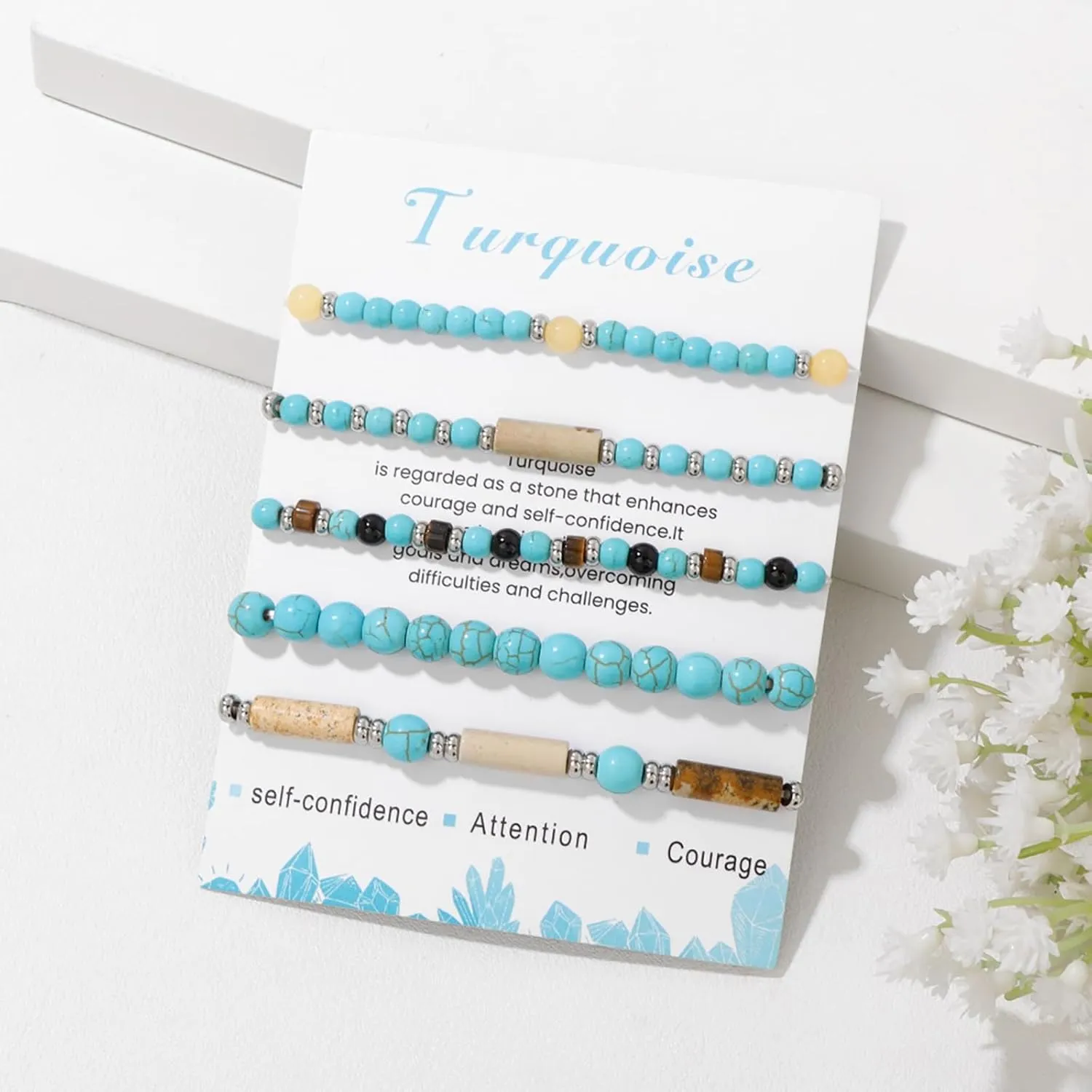 5Pcs Turquoise Bracelet for Women 4mm Stackable Turquoise Beaded Bracelets Crystal Bracelets Set Small Beaded Bracelets Stone Bracelets Turquoise Jewelry for Women