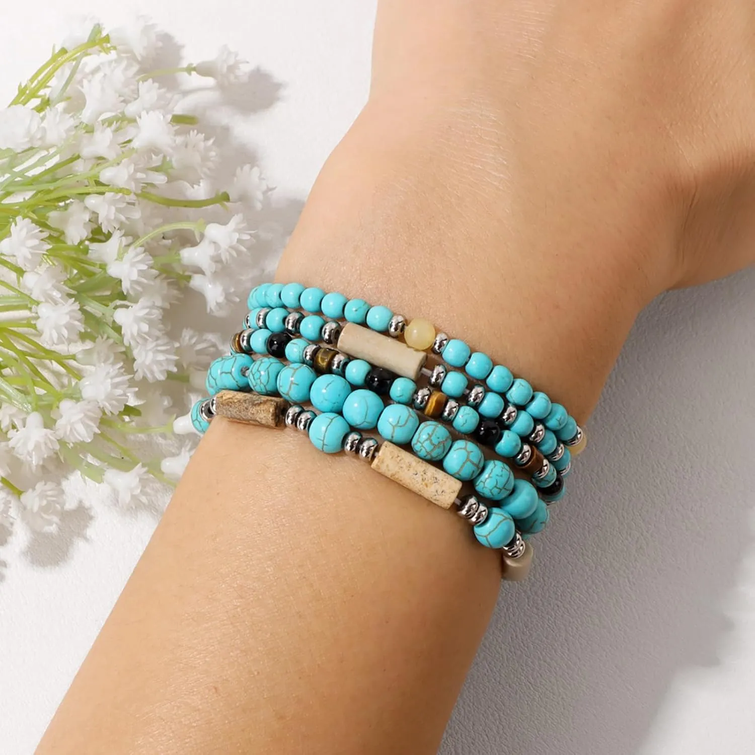 5Pcs Turquoise Bracelet for Women 4mm Stackable Turquoise Beaded Bracelets Crystal Bracelets Set Small Beaded Bracelets Stone Bracelets Turquoise Jewelry for Women