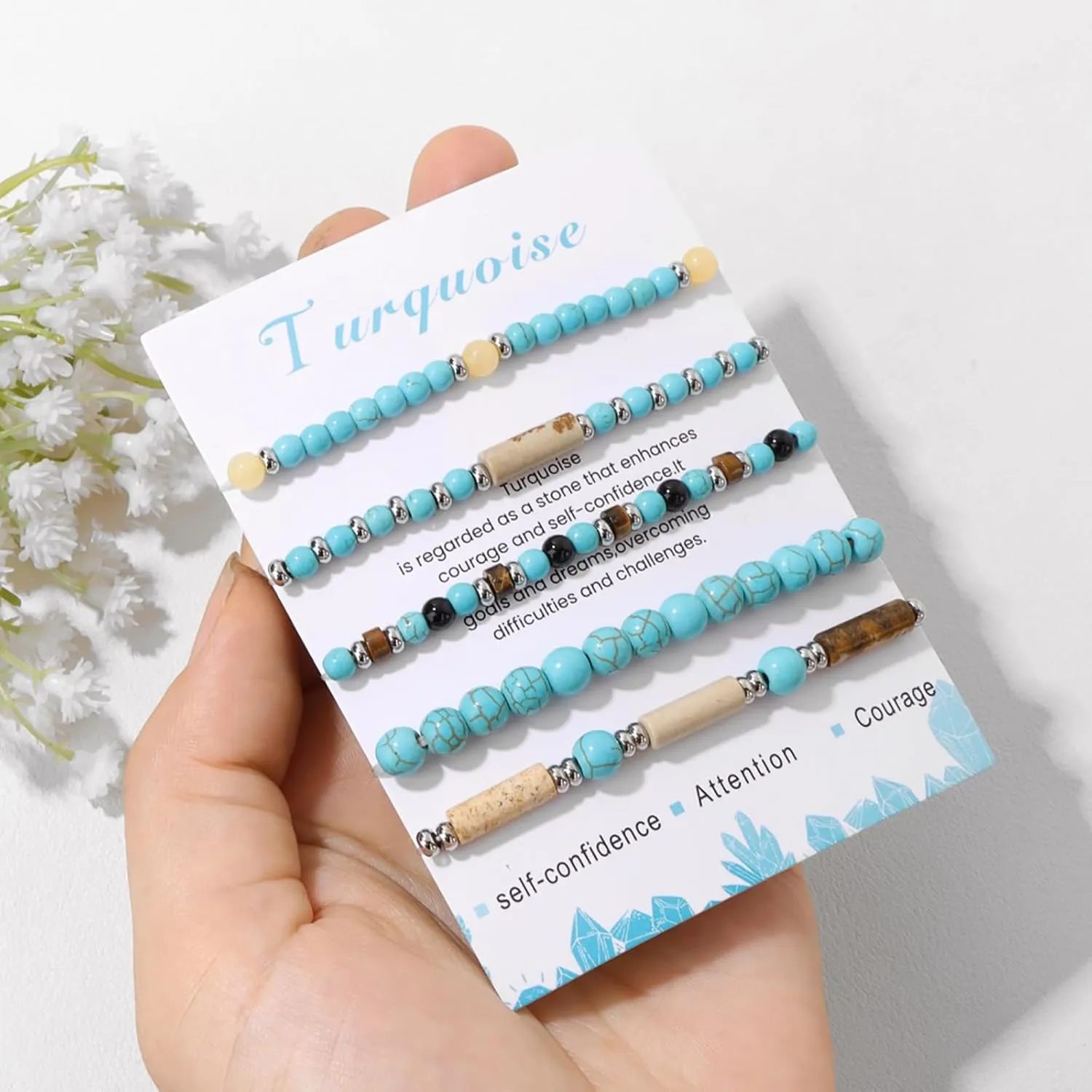 5Pcs Turquoise Bracelet for Women 4mm Stackable Turquoise Beaded Bracelets Crystal Bracelets Set Small Beaded Bracelets Stone Bracelets Turquoise Jewelry for Women