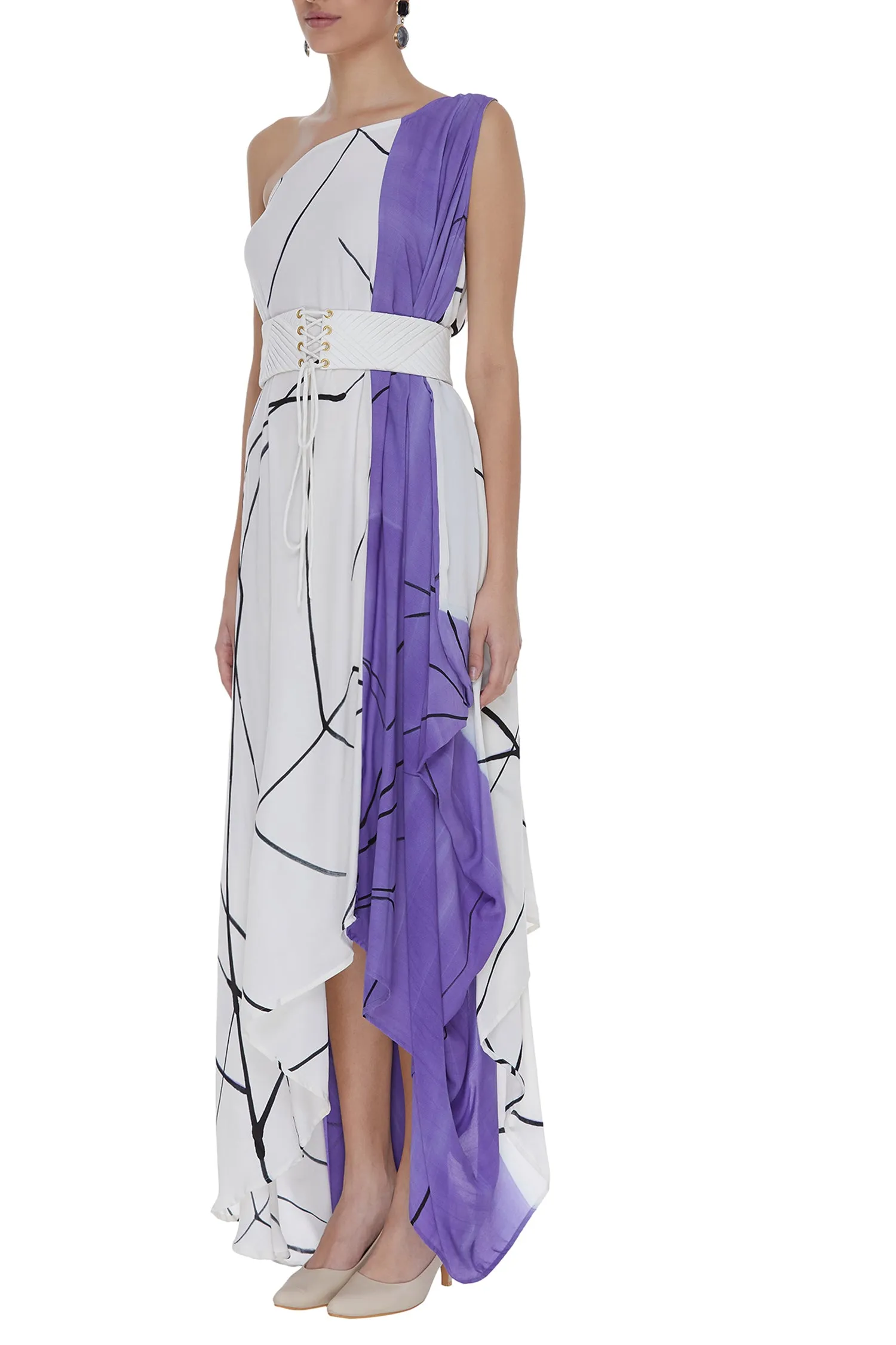 Abstract Printed Black & White One Shoulder Drape Dress