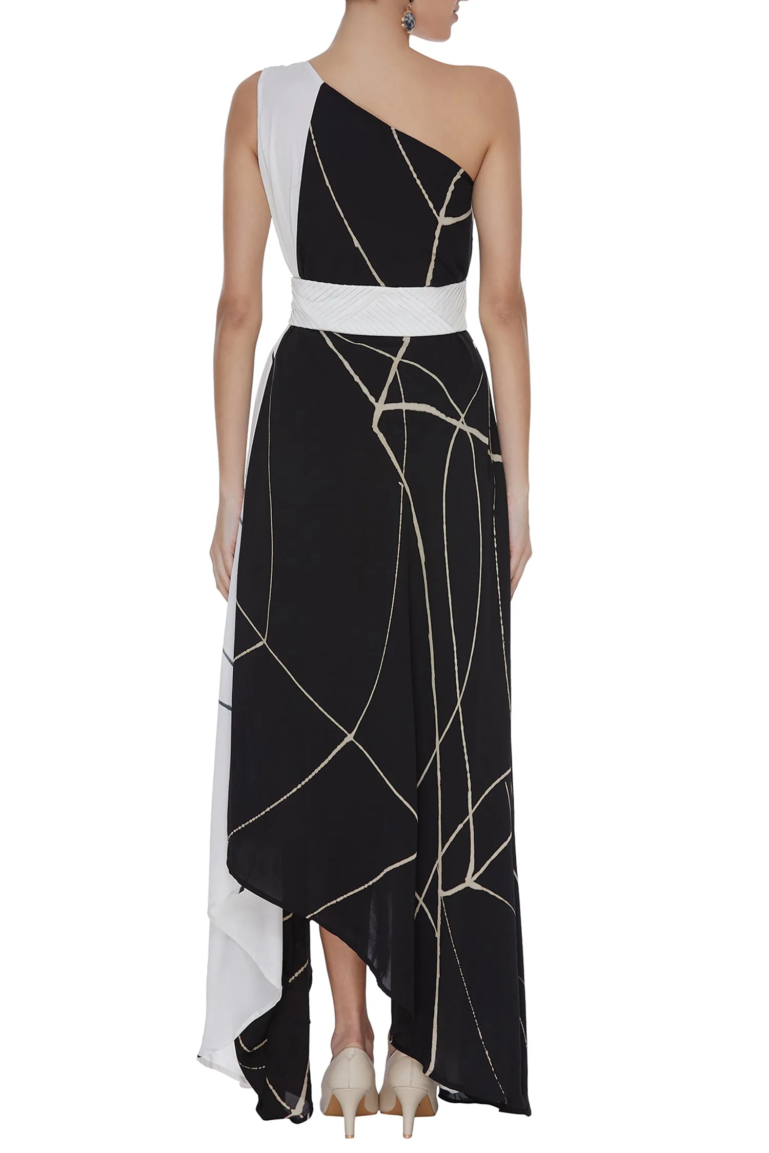Abstract Printed Black & White One Shoulder Drape Dress