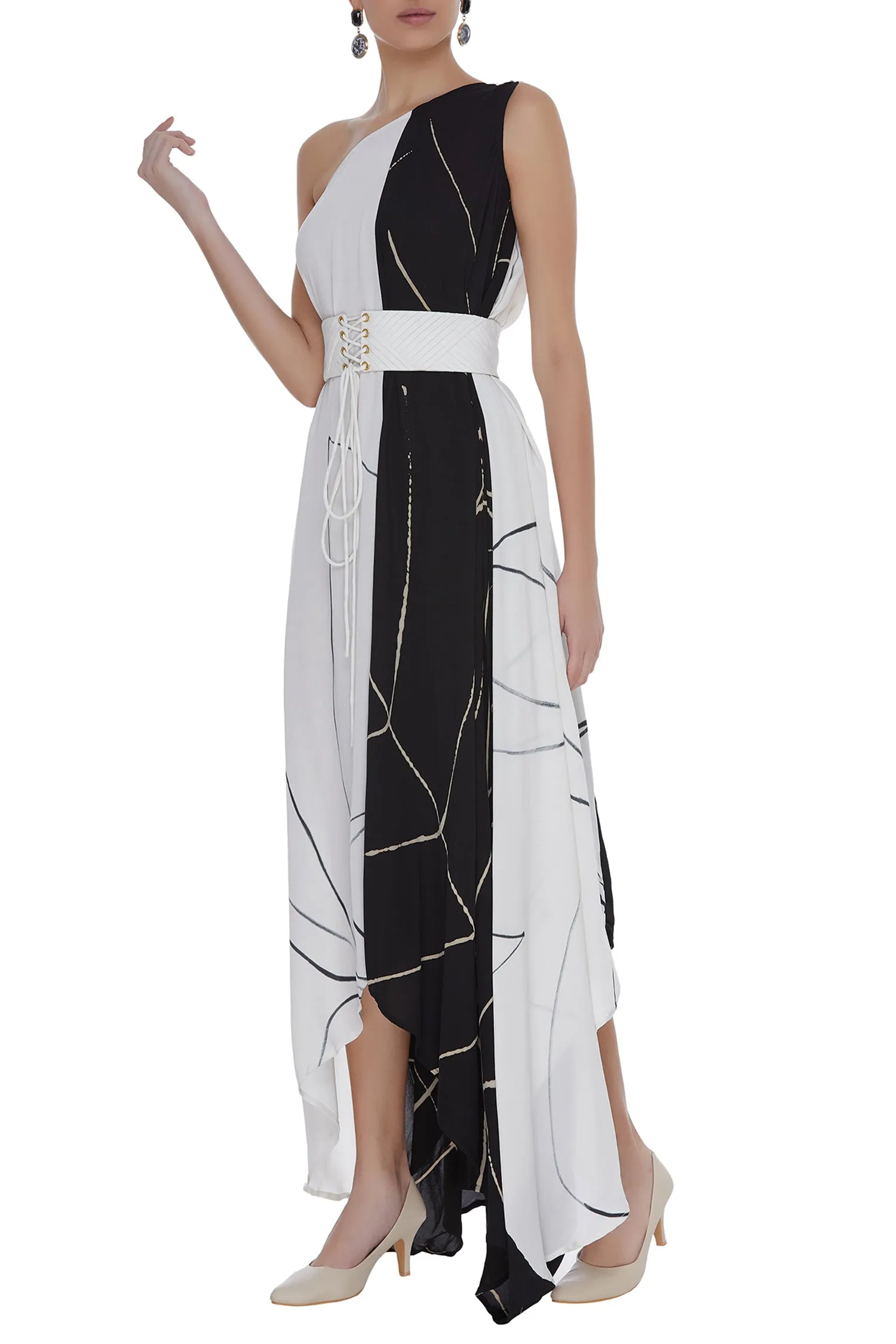 Abstract Printed Black & White One Shoulder Drape Dress