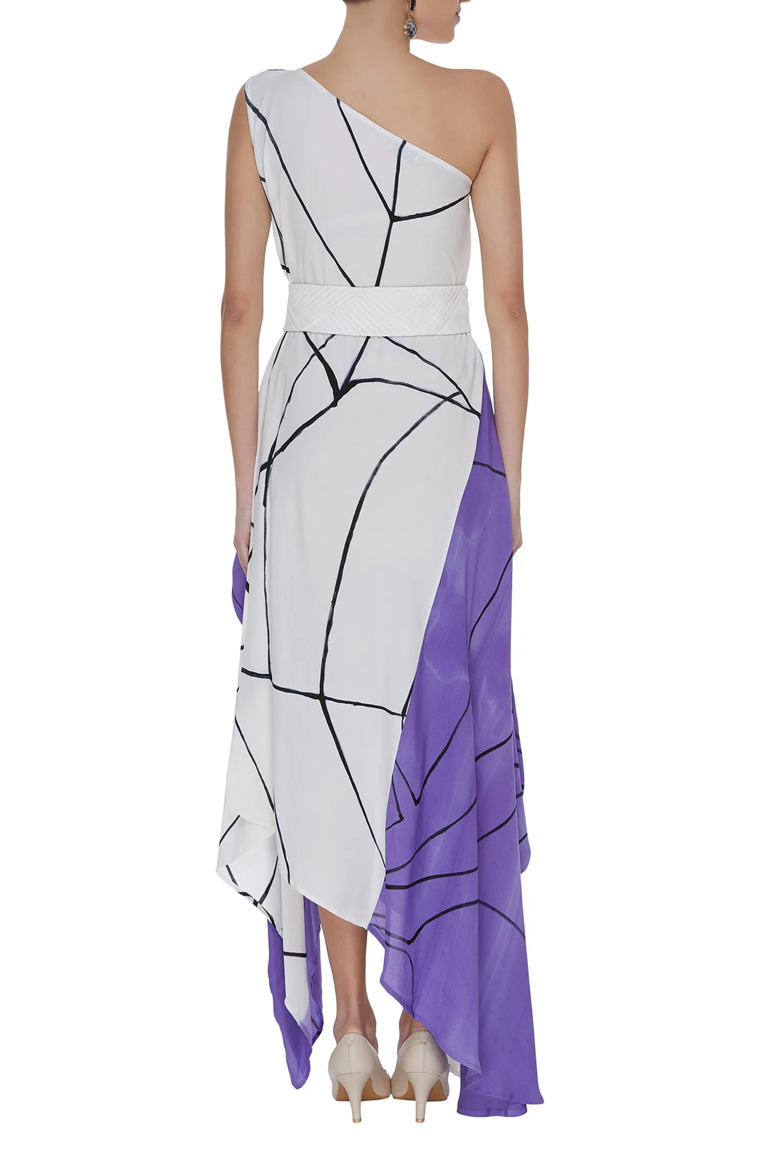 Abstract Printed Black & White One Shoulder Drape Dress
