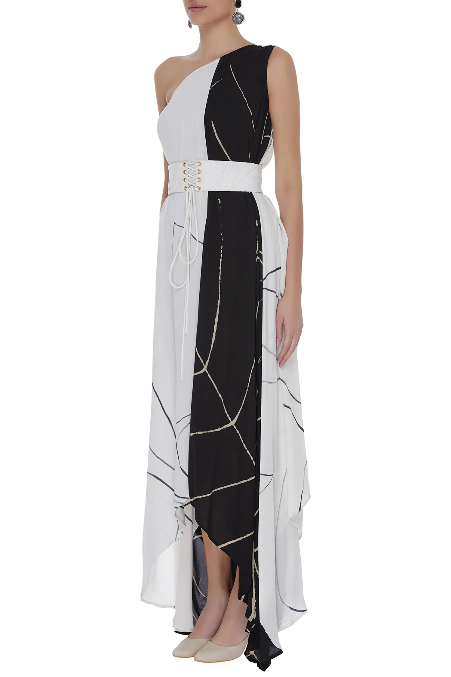 Abstract Printed Black & White One Shoulder Drape Dress