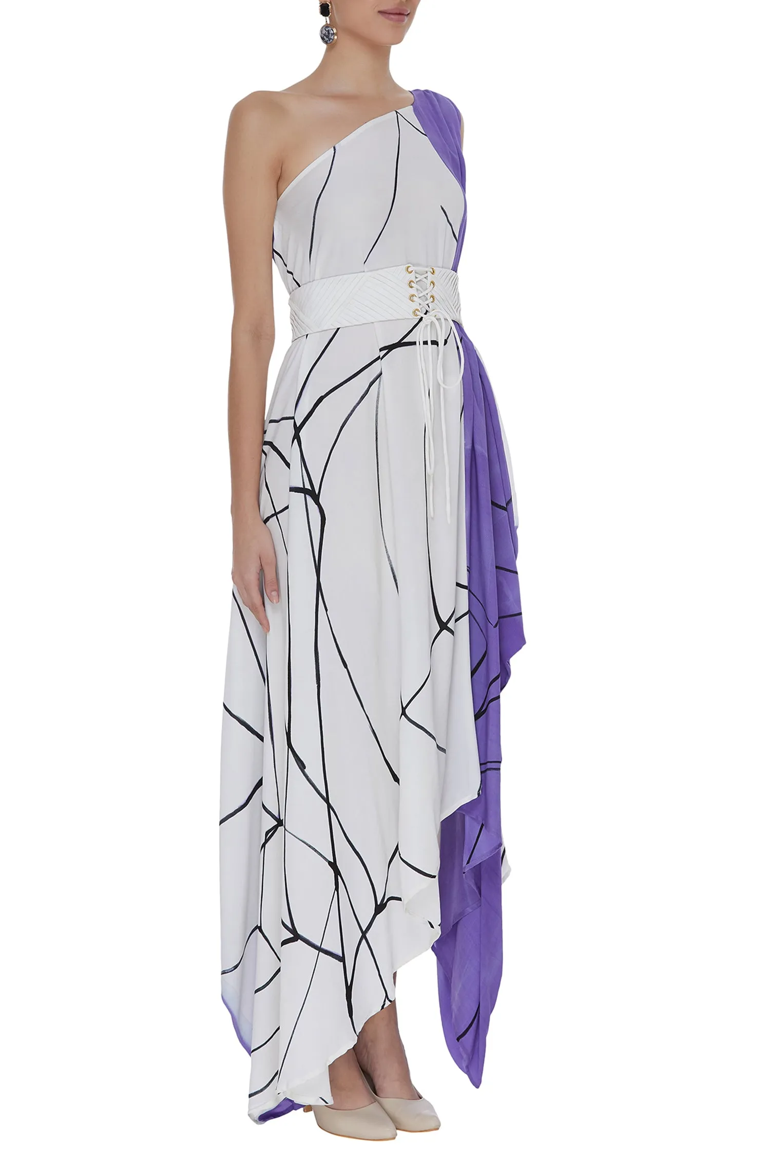 Abstract Printed Black & White One Shoulder Drape Dress