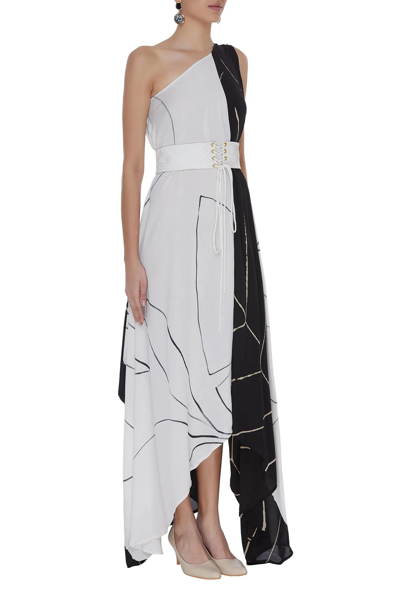 Abstract Printed Black & White One Shoulder Drape Dress