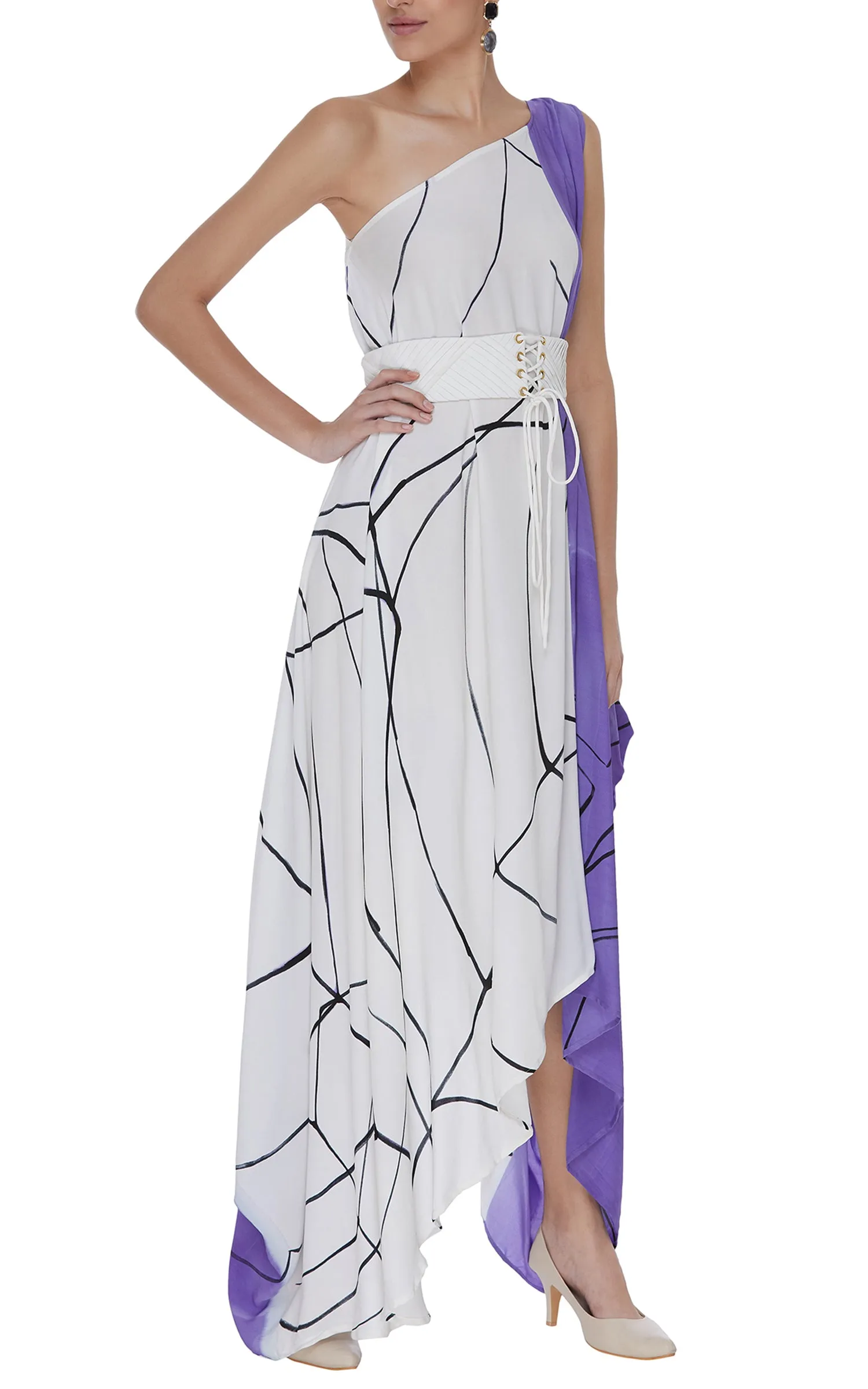 Abstract Printed Black & White One Shoulder Drape Dress
