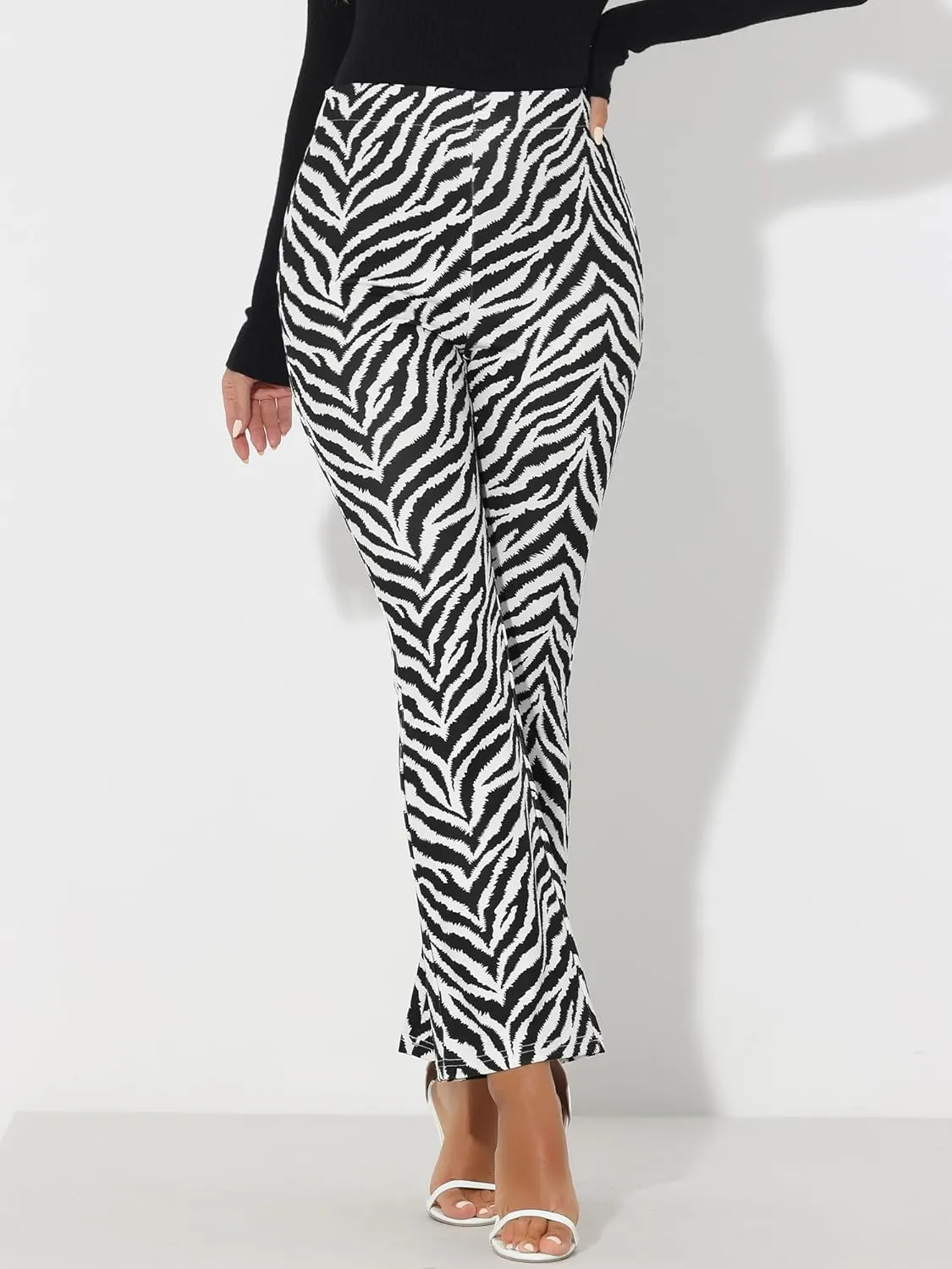 Allegra K Women's Bell Bottom Long Trouser High Waist Flare Cow Print Pants