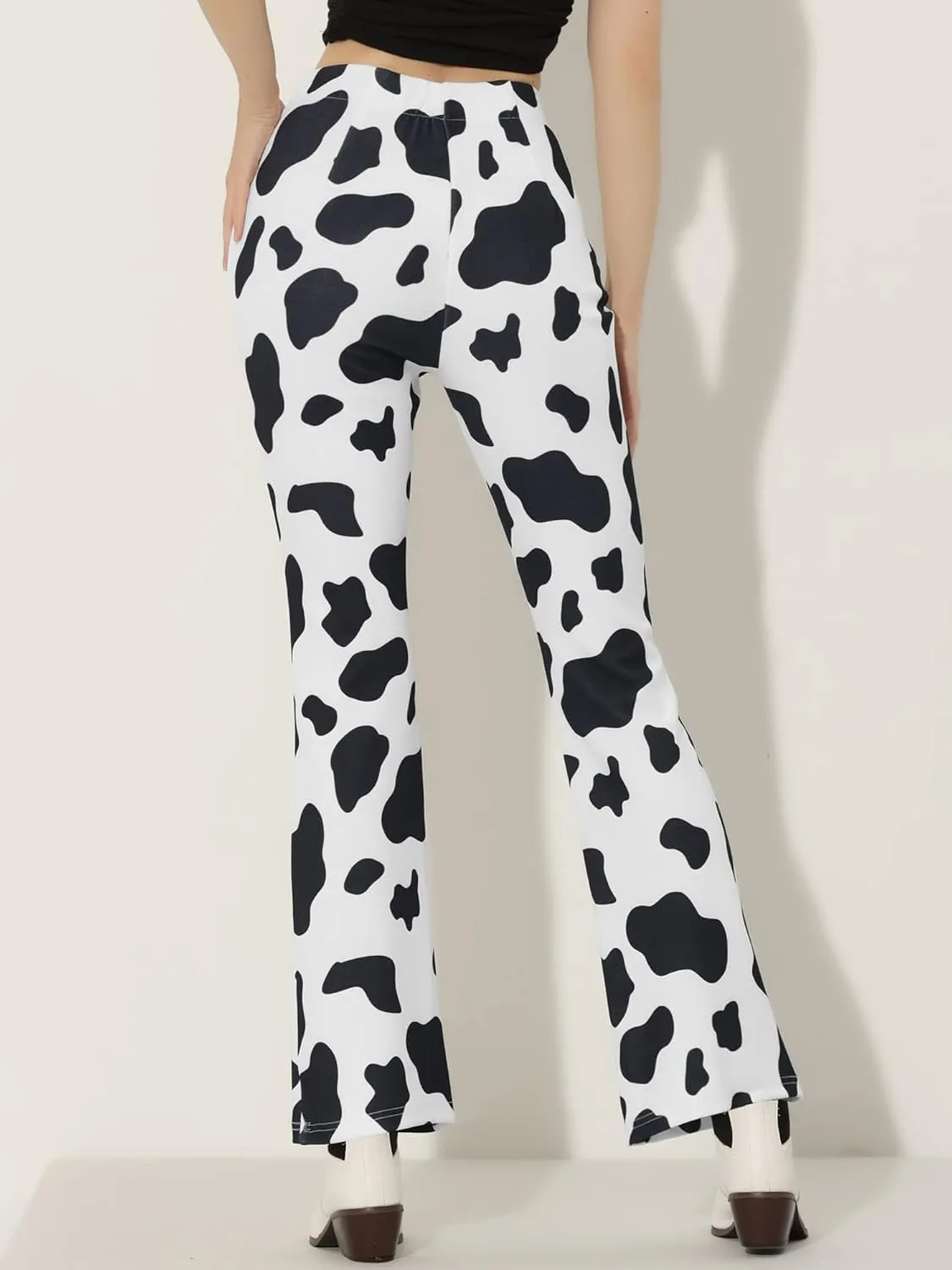 Allegra K Women's Bell Bottom Long Trouser High Waist Flare Cow Print Pants