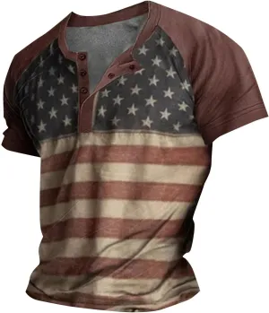 American Flag Henley Shirts for Men Vintage Short Sleeve 4th of July Shirts Casual Slim Fit Muscle Patriotic T Shirts