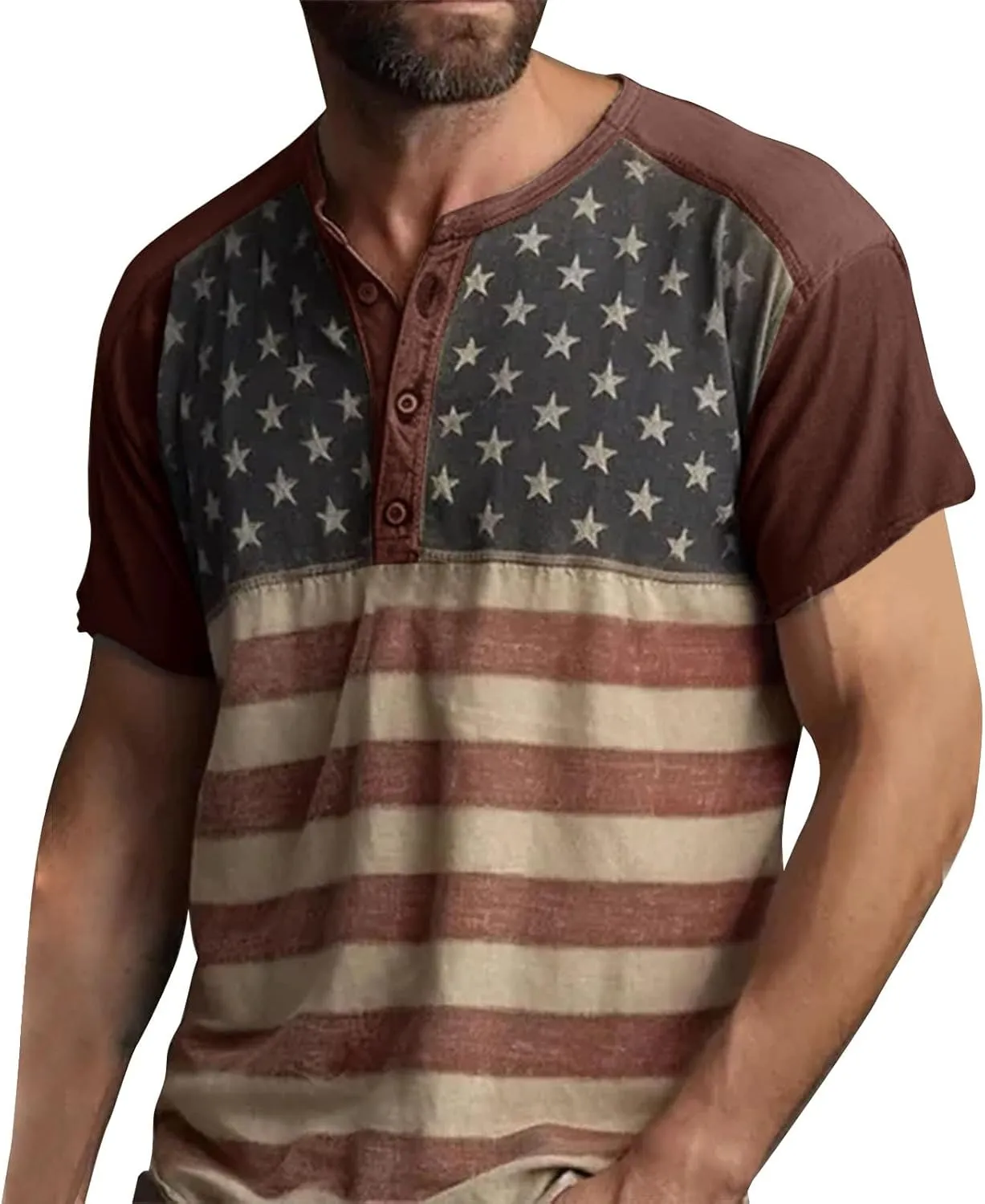 American Flag Henley Shirts for Men Vintage Short Sleeve 4th of July Shirts Casual Slim Fit Muscle Patriotic T Shirts