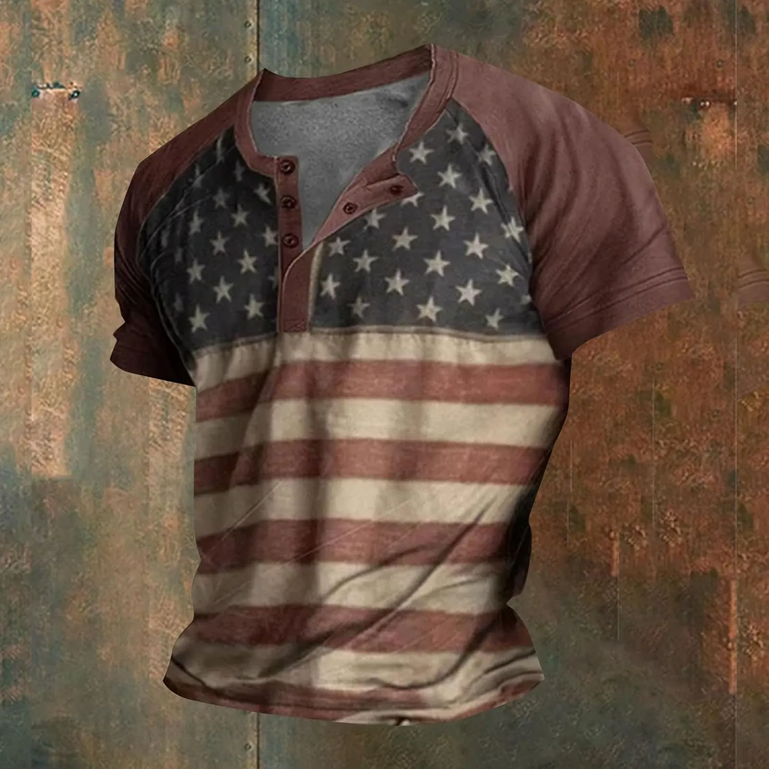 American Flag Henley Shirts for Men Vintage Short Sleeve 4th of July Shirts Casual Slim Fit Muscle Patriotic T Shirts