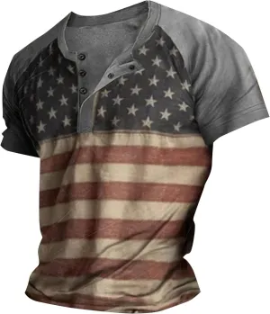 American Flag Henley Shirts for Men Vintage Short Sleeve 4th of July Shirts Casual Slim Fit Muscle Patriotic T Shirts